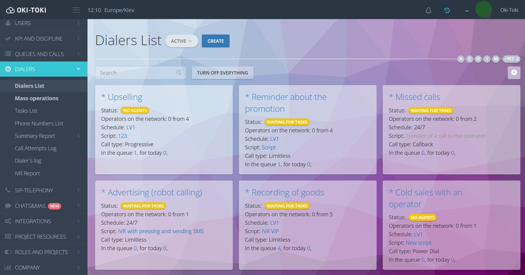 Listado de llamadas automáticas para ventas en Oki-Toki
